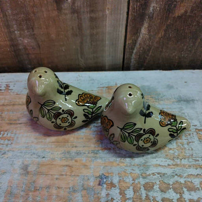 Folk Art Floral Stoneware Bird S & P Shaker Set