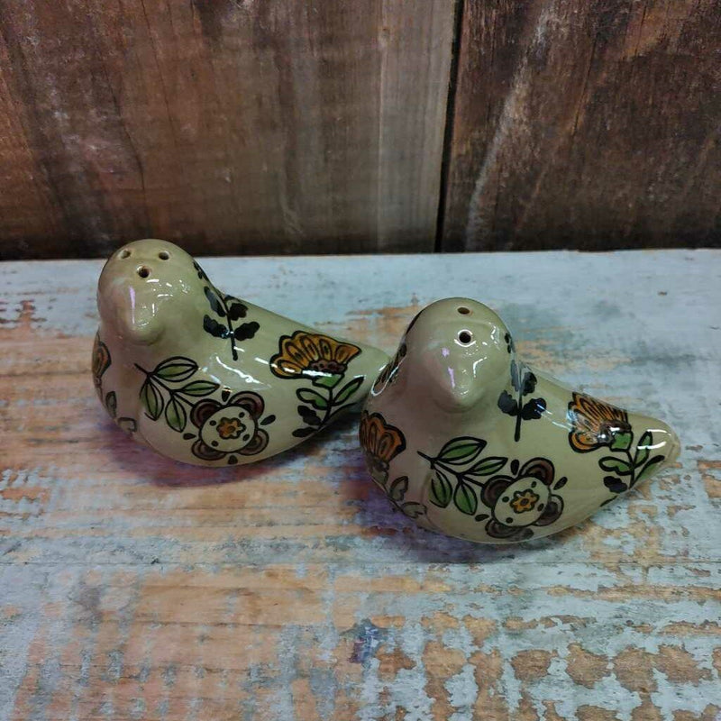 Folk Art Floral Stoneware Bird S & P Shaker Set