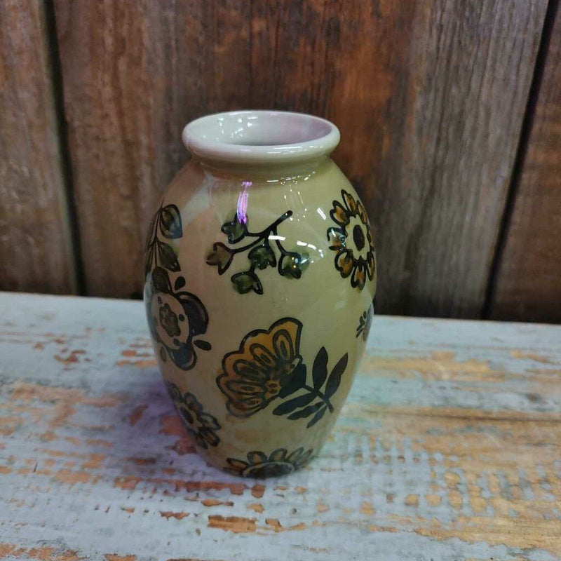 Stoneware Vase w/ Folk Art Floral Design 