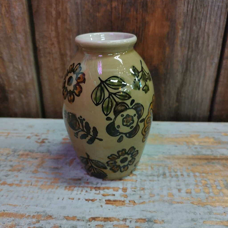 Stoneware Vase w/ Folk Art Floral Design 