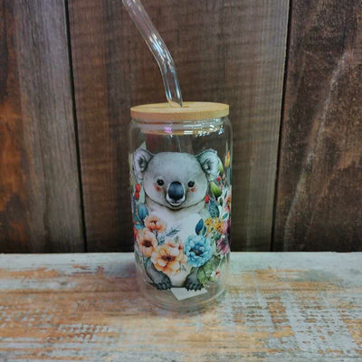 Glass Drink Cup - Koala w/Flowers