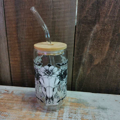 Glass Drink Cup - B&W Cow Skull