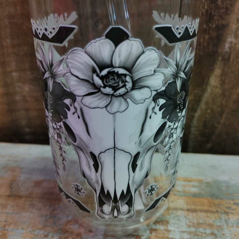 Glass Drink Cup - B&W Cow Skull