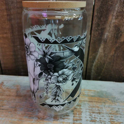 Glass Drink Cup - B&W Cow Skull