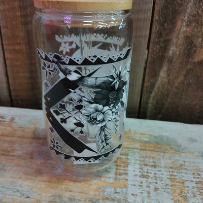 Glass Drink Cup - B&W Cow Skull