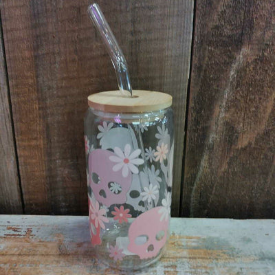 Glass Drink Cup - Pastel Skulls & Daisies