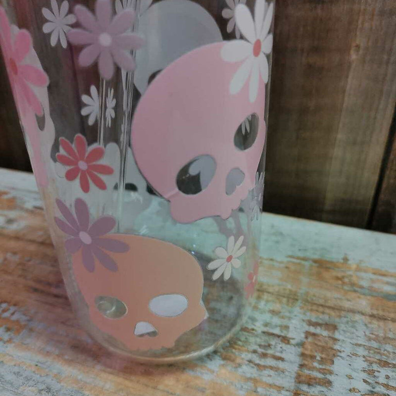 Glass Drink Cup - Pastel Skulls & Daisies