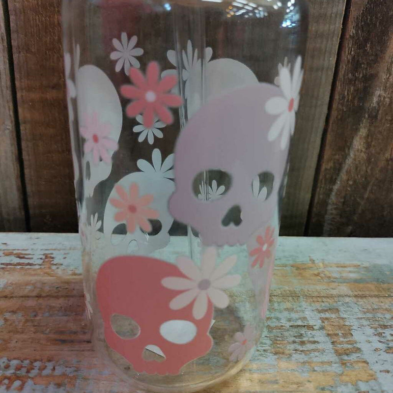 Glass Drink Cup - Pastel Skulls & Daisies