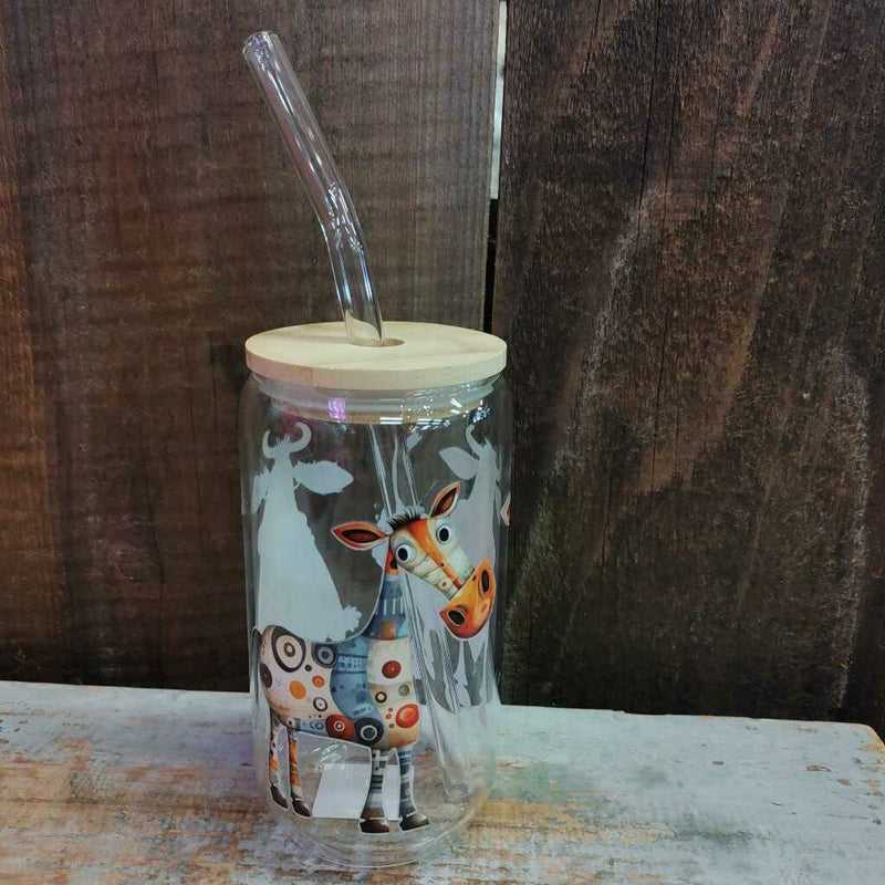Glass Drink Cup - Cartoon Cows/Horse