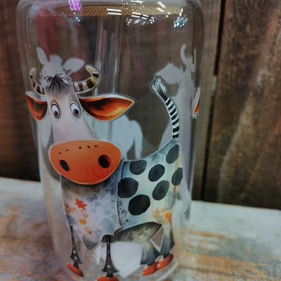 Glass Drink Cup - Cartoon Cows/Horse