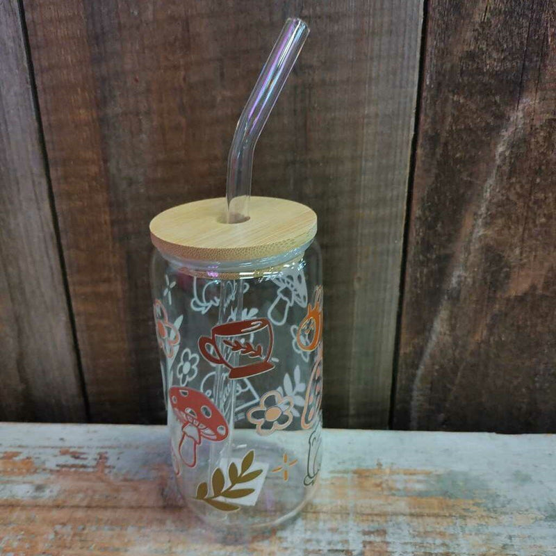 Glass Drink Cup - Mushrooms, Bees, Berries