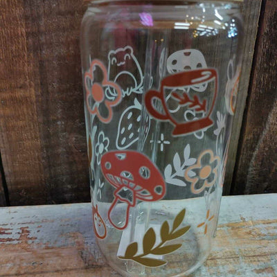 Glass Drink Cup - Mushrooms, Bees, Berries