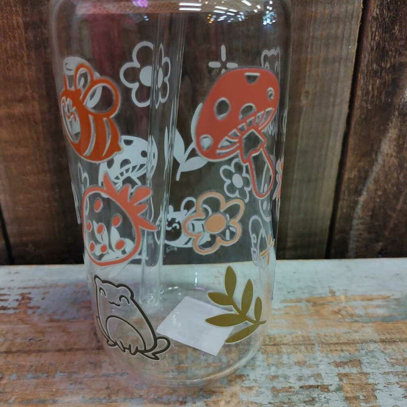 Glass Drink Cup - Mushrooms, Bees, Berries