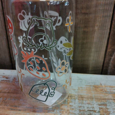 Glass Drink Cup - Mushrooms, Bees, Berries