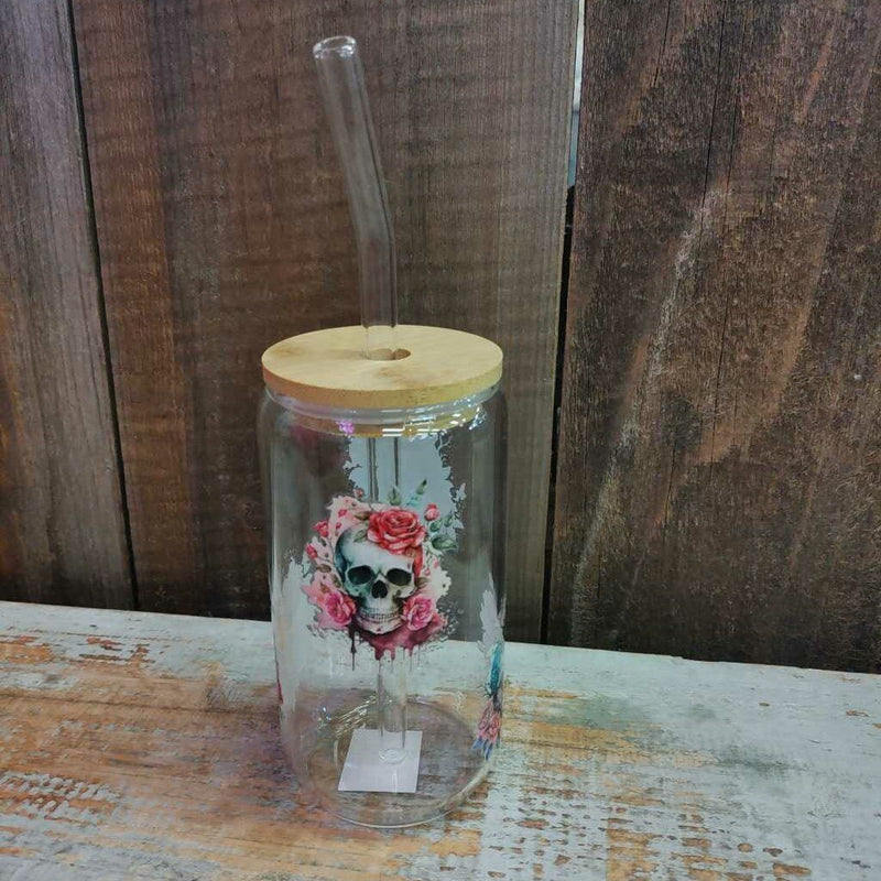 Glass Drink Cup - Skulls w/ Flowers