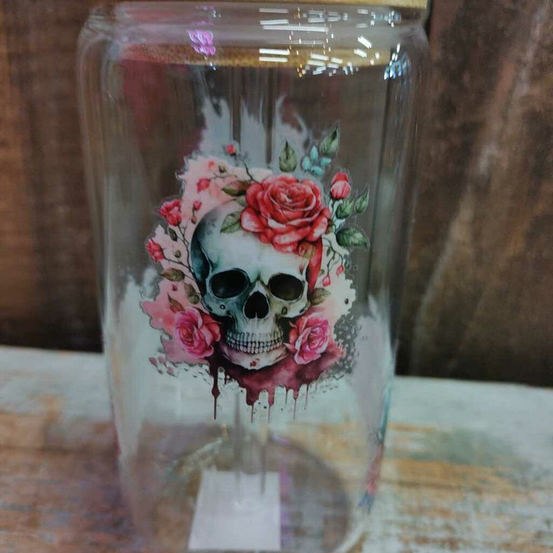 Glass Drink Cup - Skulls w/ Flowers