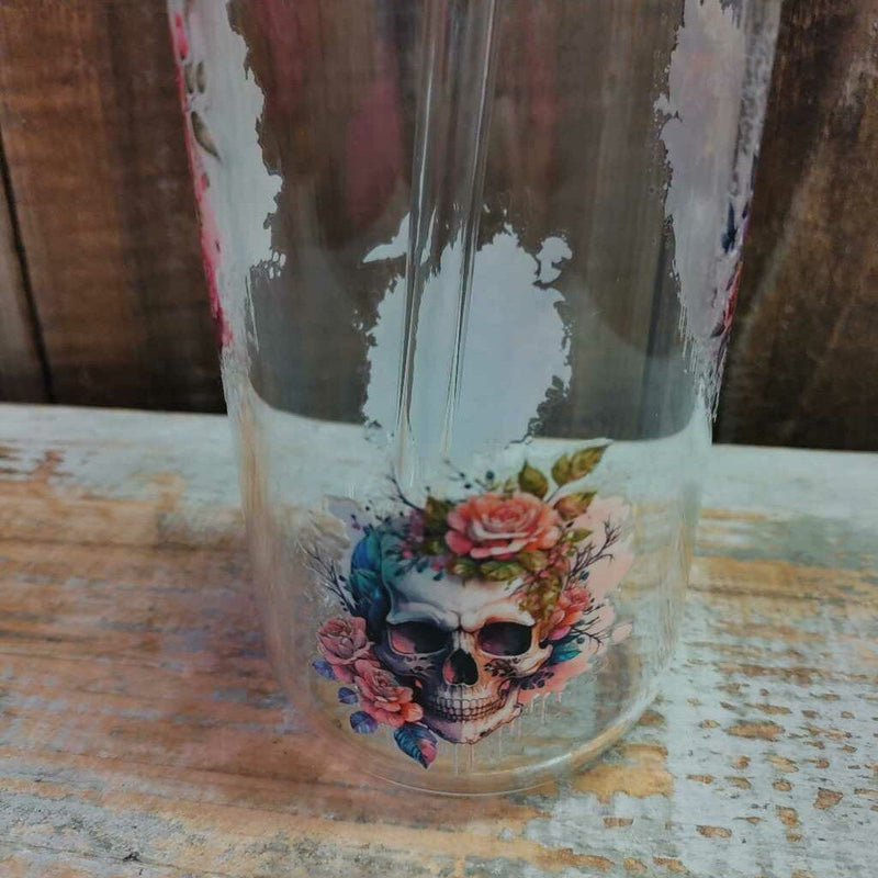 Glass Drink Cup - Skulls w/ Flowers