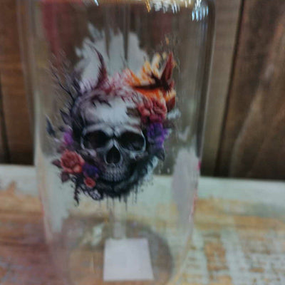 Glass Drink Cup - Skulls w/ Flowers