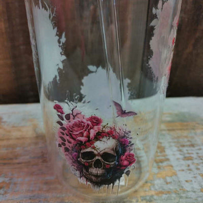 Glass Drink Cup - Skulls w/ Flowers