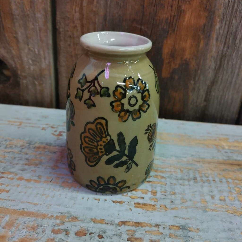 Stoneware Vase w/ Folk Art Floral Design 