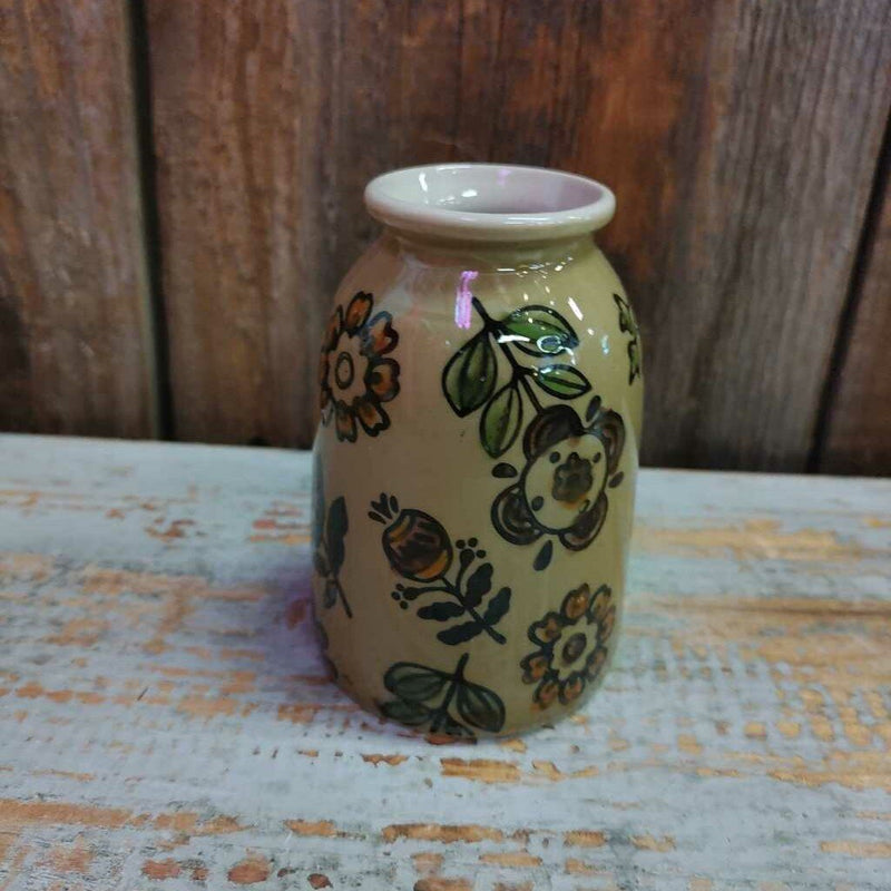 Stoneware Vase w/ Folk Art Floral Design 